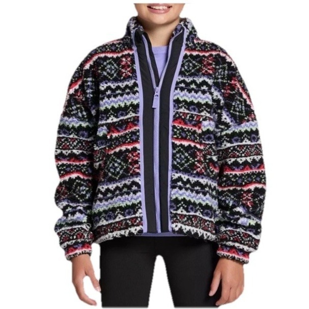 NWT DSG Cozy Fleece Full Zip Jacket Funky Fair Isle Pattern Girls Size med 10 12